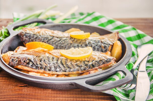 Maquereau au poisson et pommes de terre au four. Mise au point sélective.