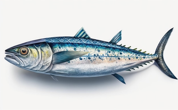 Un maquereau dessiné sur fond blanc aquarelle illustrations de fruits de mer biologiques ai généré