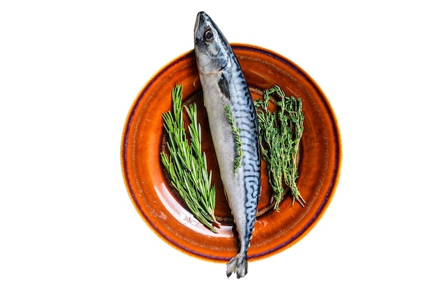 Maquereau de poisson salé sur un plateau aux herbes isolé sur fond blanc