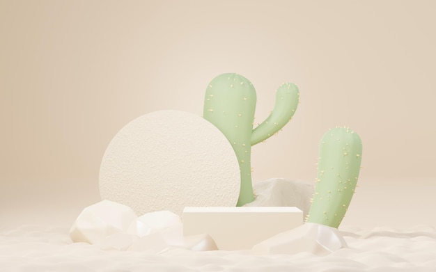 Maquette 3d Podium crème marron avec mini thème Cactus et désert de sable Scène de piédestal pour la présentation des produits et des cosmétiques Scène colorée abstraite pour la publicité Fond de promotion des ventes