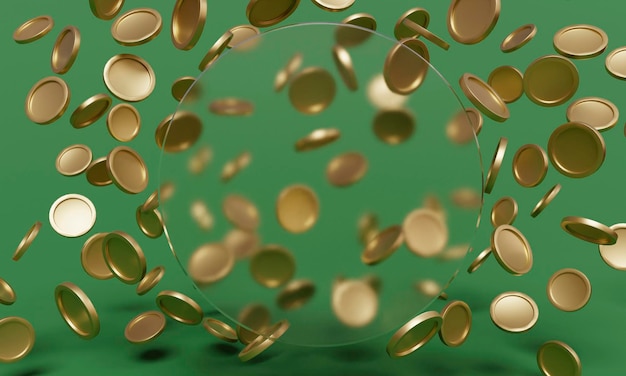 Maquette abstraite de bannière en verre 3d avec chute de pièces d'or en arrière-plan Concept abstrait d'épargne