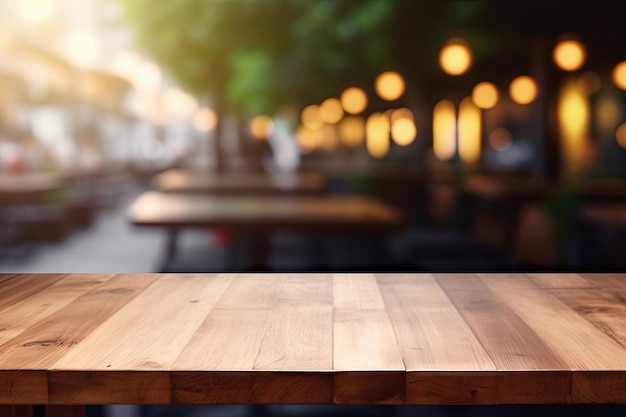 Maquette d'affichage de produit sur une table en bois dans un restaurant ou un café moderne avec un fond flou Inte