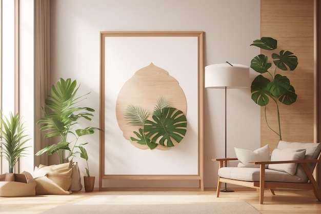 Maquette d'affiche avec cadre en bois dans le rendu intérieur de la maison background3d