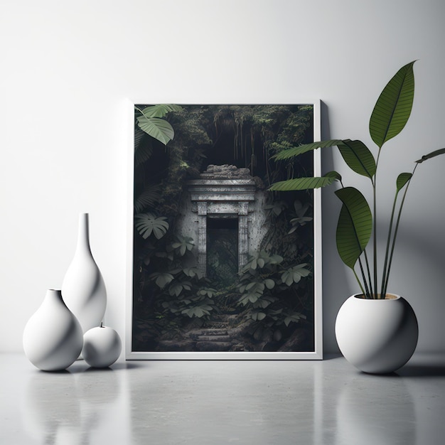 Maquette d'affiche de cadre dans le temple mystique intérieur de la maison caché dans une jungle dense AI Generaion