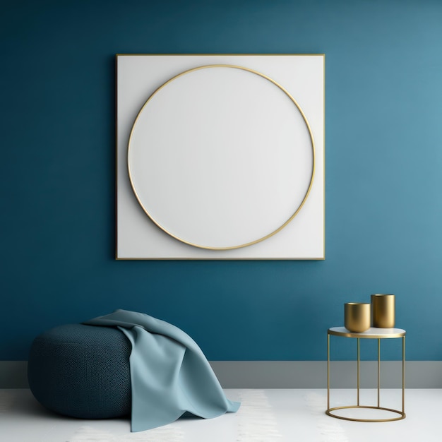 Maquette d'affiche de cadre dans le tissu bleu intérieur de la maison et le cercle d'or AI Generaion
