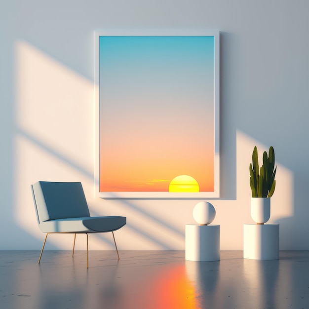 Maquette d'affiche de cadre à l'intérieur de la maison coucher de soleil rougeoyant et un ciel de rêves AI Generaion