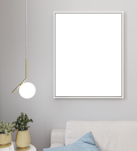 Maquette d'affiche ou cadre photo dans un fond intérieur minimaliste moderne, style scandinave, illustration 3D