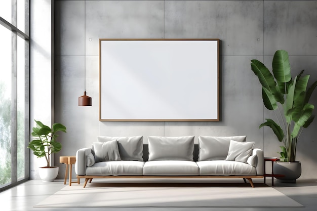 Maquette d'affiche à cadre rectangulaire sur un mur en béton clair dans un intérieur de vie avec des meubles boho modernes et une grande fenêtre canapé gris siècle décoration intérieure de style scandinave IA générée