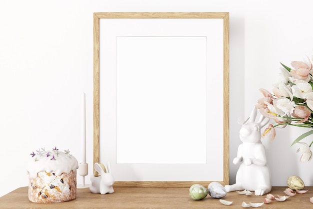 Maquette d'affiche avec des cadres en bois verticaux sur un mur blanc vide dans le rendu 3D intérieur du salon