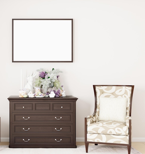 Photo maquette d'affiche avec des cadres verticaux sur un mur blanc vide dans le rendu 3d intérieur du salon