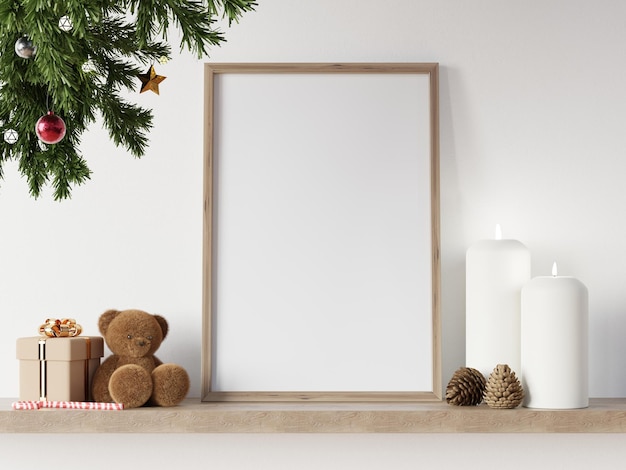 Maquette d'affiche de Noël avec cadre en bois, sapin, guirlande d'étoiles et cerf sur fond de mur blanc. Rendu 3D