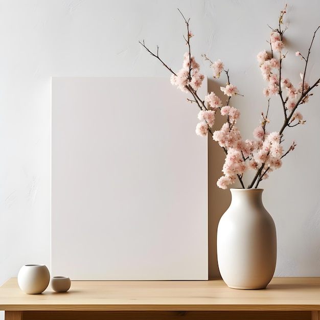 Maquette d'affiche de portrait blanc minimaliste avec décor floral sur table en bois rustique