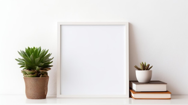 Une maquette d'affiche avec des succulents à cadre métallique et des livres sur fond de mur blanc