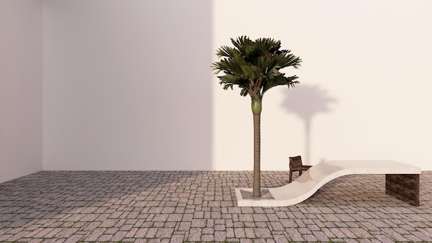 Maquette d'aire de jeux extérieure avec palmier, chaises en bois et table en béton l'après-midi