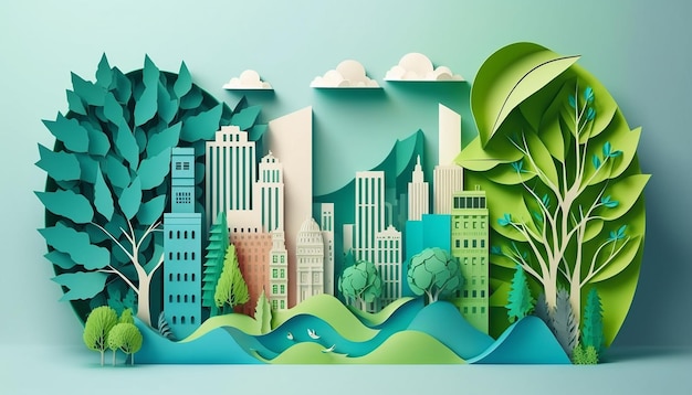 Maquette de l'aménagement de la ville verte avec de l'énergie alternative en papier AI générative