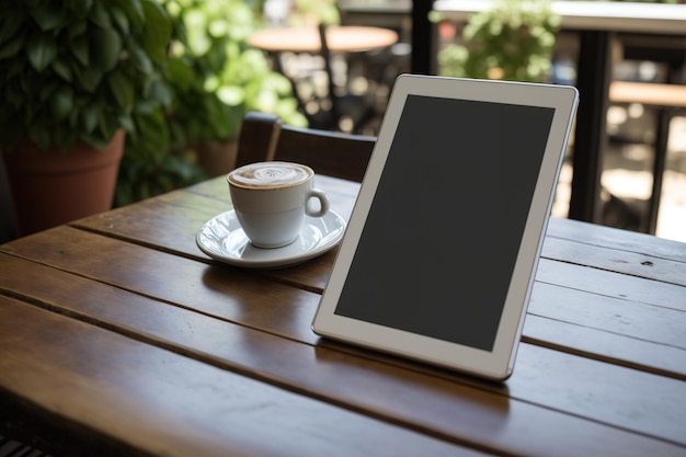Maquette d'un appareil avec un écran blanc vierge sur une table en bois dans un café