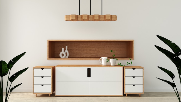 Photo maquette, armoire dans une pièce vide moderne, dessins de pièce zen japonaise minimale