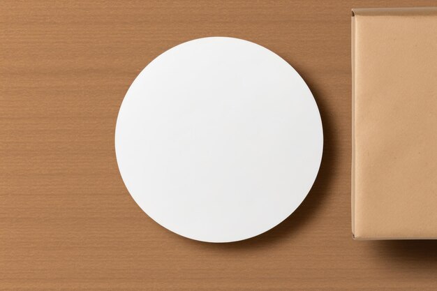 Une maquette d'un autocollant blanc rond sur une table en bois avec des boîtes d'artisanat