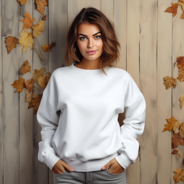 Une maquette d'automne élégante mettant en valeur un sweat-shirt blanc sur un modèle contre un fond d'hiver