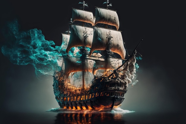 Maquette d'un bateau pirate avec eau et brouillard