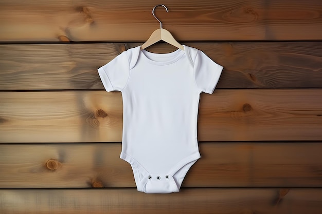 Une maquette blanche d'un costume de bébé fille ou garçon est posée sur un fond en bois.