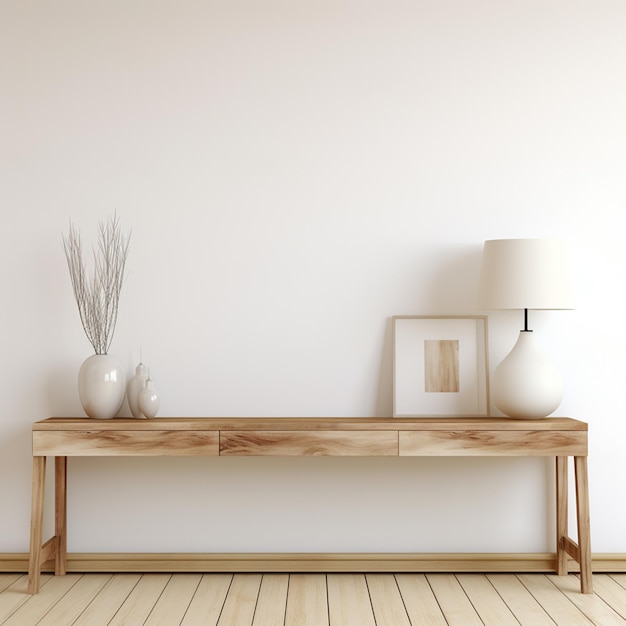 maquette blanche du mur avec une table en bois et des lampes