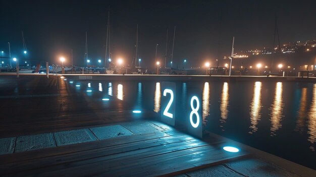 Photo maquette blanche de numérotation du quai de la marina la nuit avec des numéros illuminés