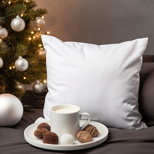 Une maquette blanche d'oreiller sur fond de Noël