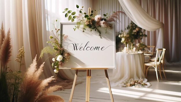 Une maquette blanche d'un panneau de bienvenue de mariage dans un thème minimaliste