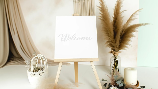 Une maquette blanche d'un panneau de bienvenue de mariage dans un thème minimaliste