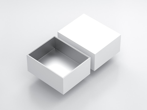 Maquette de boîte blanche avec couvercle ouvert et carton argenté à l'intérieur du rendu 3d