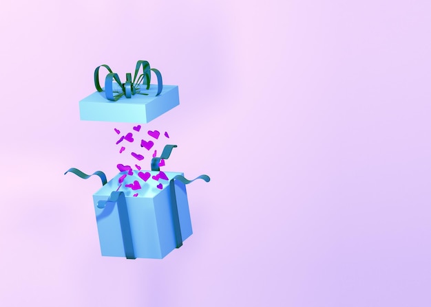 Maquette de boîte-cadeau bleue ouverte avec des coeurs sur fond rose isolé. illustration de rendu 3d