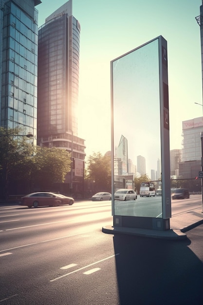 Photo une maquette de boîte lumineuse blanche, une bannière blanche dans la rue au coucher du soleil.