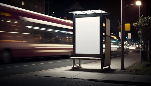 Maquette d'une boîte publicitaire lumineuse à un arrêt de bus la nuit Generative AI