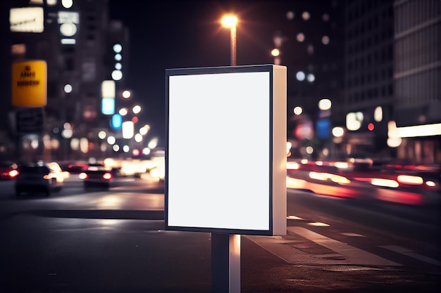 Maquette de boîte publicitaire lumineuse ilustration réaliste et trafic urbain la nuit AI générative
