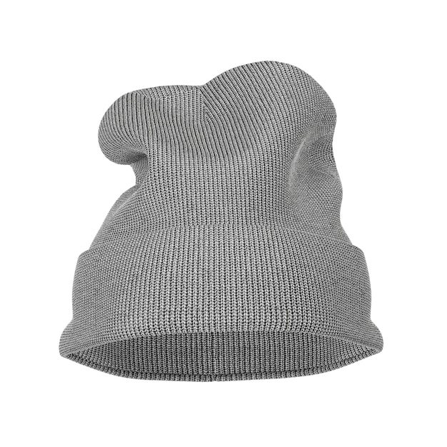 Maquette de bonnet de bonnet en laine tricotée gris hiver vierge avec espace libre pour votre conception sur fond blanc. Rendu 3D