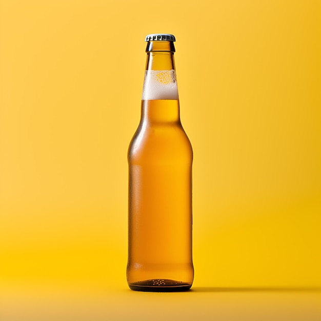 Maquette une bouteille de bière sans étiquette sur fond jaune