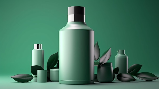 Maquette de bouteille cosmétique avec des feuilles vertes Generative AI