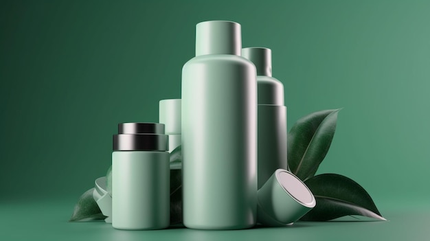 Maquette de bouteille cosmétique avec des feuilles vertes Generative AI