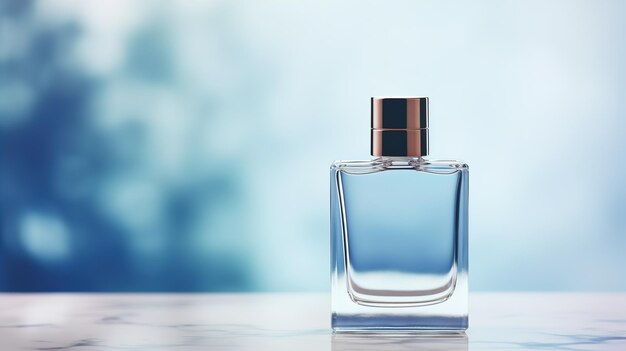 Maquette d'une bouteille de parfum bleu pour hommes sur un fond clair Photo de haute qualité