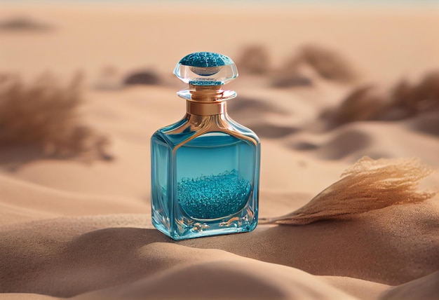 Maquette de bouteille de parfum bleu sur sable beige et fond d'été Espace de copie