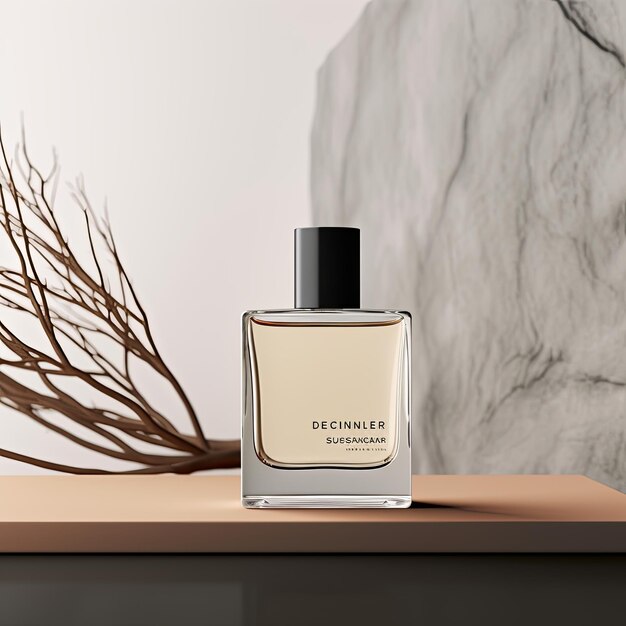 maquette d'une bouteille de parfum dans une scène minimaliste
