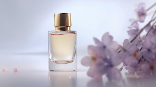 Une maquette de bouteille de parfum avec une fleur sur le côté