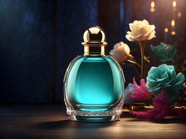 Une maquette de bouteille de parfum de luxe sans étiquette dans un cadre confortable sur un fond sombre