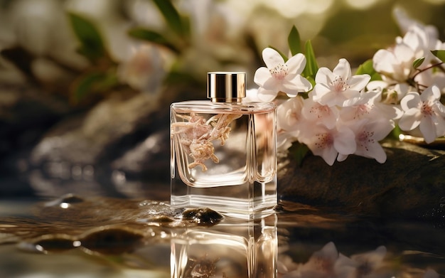 maquette de bouteille de parfum posée sur la surface de l'eau avec des roches de fleurs sur de l'eau gazeuse