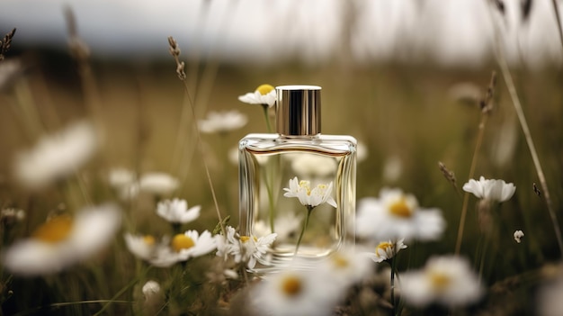 Maquette de bouteille de parfum vide sur fond clair avec des fleurs pour la marque cosmétique