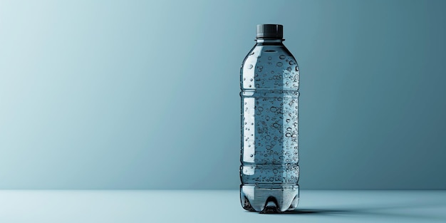 Photo maquette d'une bouteille en plastique transparente pour l'eau minérale sur un fond bleu isolé blanc pour la conception de l'emballage