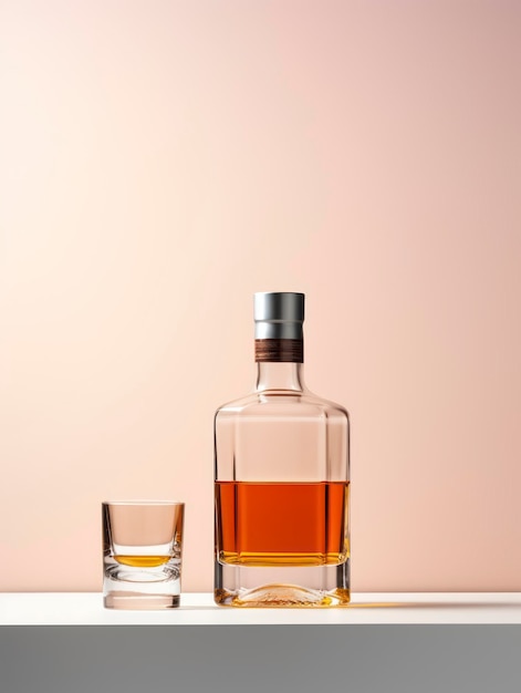 Une maquette d'une bouteille de whisky avec une étiquette blanche sur un fond coloré