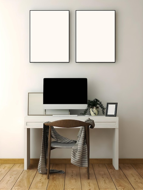 Maquette de bureau ou de bureau à domicile avec 2 cadres de portrait vierges mur blanc table blanche unique
