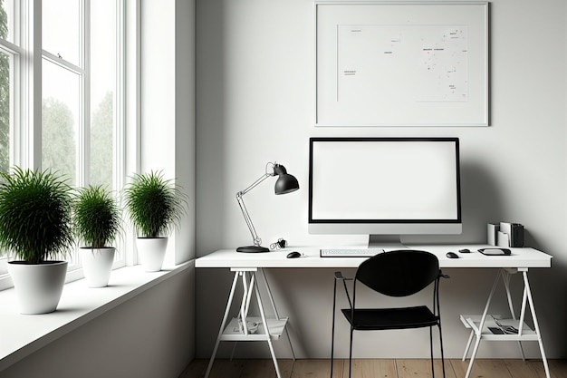 Une maquette d'un bureau à domicile blanc avec des fenêtres panoramiques et une table d'ordinateur